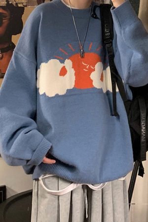 Style Core Aesthetics, New Style Trends Cartoon Sun Graffiti Knit Sweater