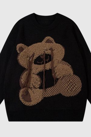 Style Core Aesthetics, New Style Trends Cartoon Tassel Bear Embroidered Pullover
