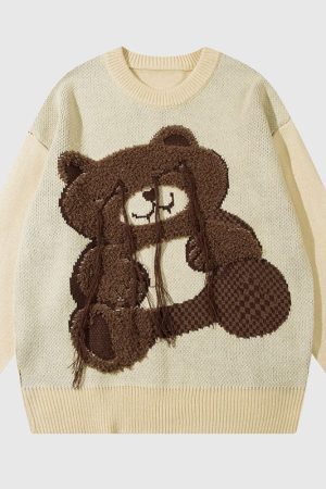 Style Core Aesthetics, New Style Trends Cartoon Tassel Bear Embroidered Pullover