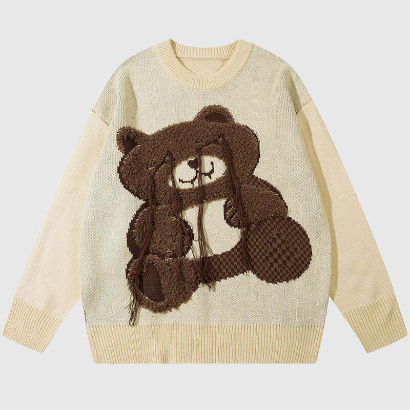 Style Core Aesthetics, New Style Trends Cartoon Tassel Bear Embroidered Pullover