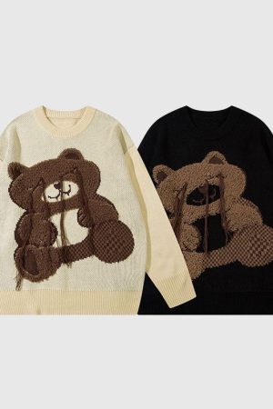 Style Core Aesthetics, New Style Trends Cartoon Tassel Bear Embroidered Pullover