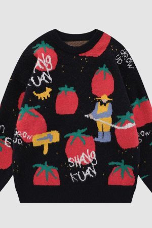 Style Core Aesthetics, New Style Trends Cartoon Tomato Pattern Sweater