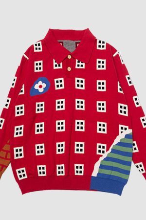 Style Core Aesthetics, New Style Trends Cartoon Window Pattern Collared Sweater