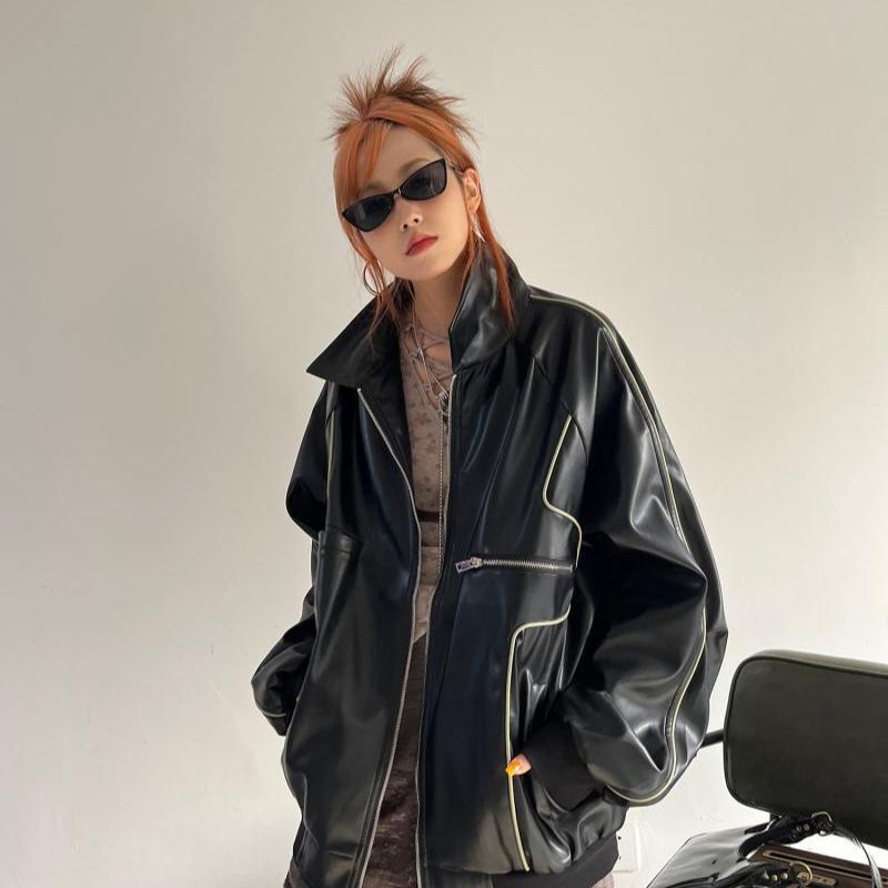 Style Core Aesthetics, New Style Trends Casual Zip-Up Fashionable Collar Leather Jacket Style Core Aesthetics, New Style Trends Casual Zip-Up Fashionable Collar Leather Jacket