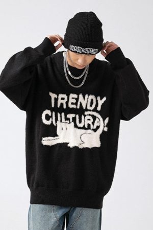 Style Core Aesthetics, New Style Trends Cat Pattern Jacquard Pullover