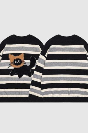 Style Core Aesthetics, New Style Trends Cat Striped Knit Sweater