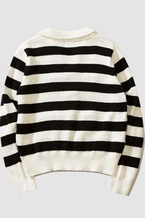Style Core Aesthetics, New Style Trends Chic Turndown Collar Striped Cropped Sweater