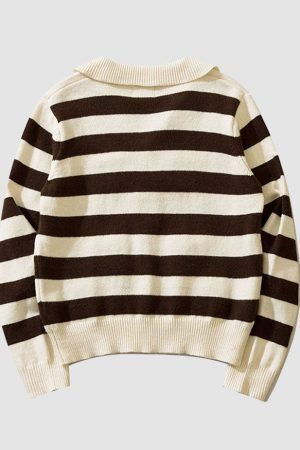 Style Core Aesthetics, New Style Trends Chic Turndown Collar Striped Cropped Sweater
