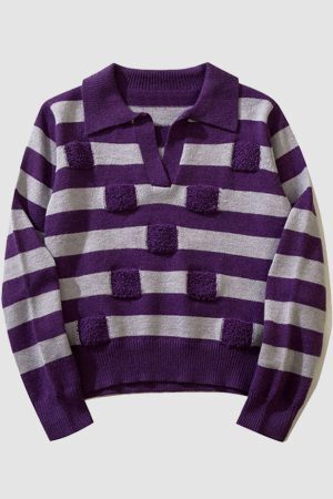Style Core Aesthetics, New Style Trends Chic Turndown Collar Striped Cropped Sweater