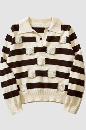 Style Core Aesthetics, New Style Trends Chic Turndown Collar Striped Cropped Sweater