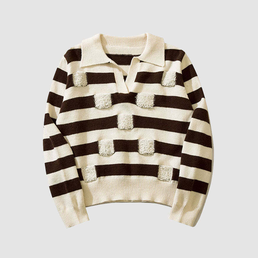 Style Core Aesthetics, New Style Trends Chic Turndown Collar Striped Cropped Sweater