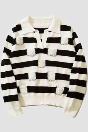 Style Core Aesthetics, New Style Trends Chic Turndown Collar Striped Cropped Sweater