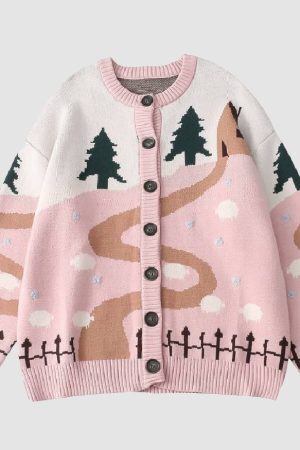 Style Core Aesthetics, New Style Trends Childlike Landscape Illustration Jacquard Cardigan Sweater