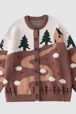 Style Core Aesthetics, New Style Trends Childlike Landscape Illustration Jacquard Cardigan Sweater