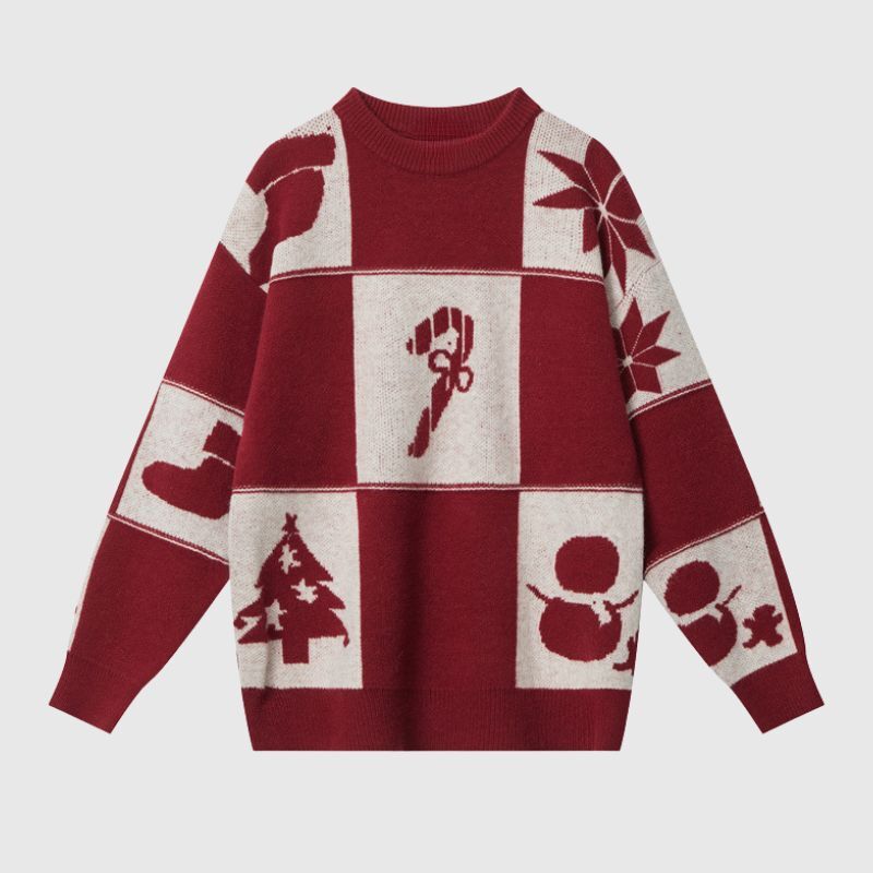 Style Core Aesthetics, New Style Trends Christmas Pattern Embossed Color-Block Sweater