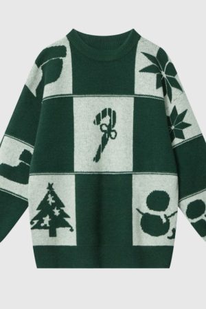 Style Core Aesthetics, New Style Trends Christmas Pattern Embossed Color-Block Sweater