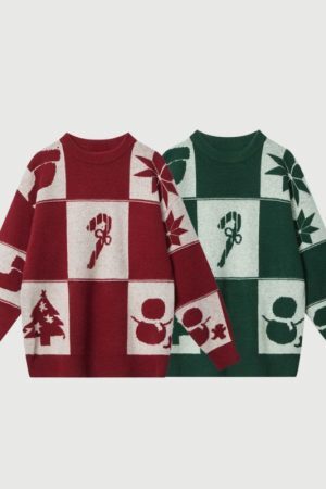 Style Core Aesthetics, New Style Trends Christmas Pattern Embossed Color-Block Sweater