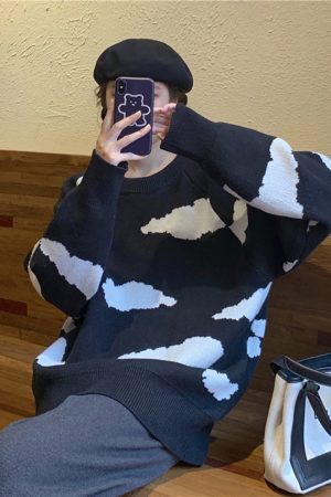 Style Core Aesthetics, New Style Trends Clouds Print Knitted Sweater