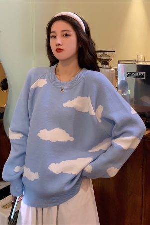 Style Core Aesthetics, New Style Trends Clouds Print Knitted Sweater