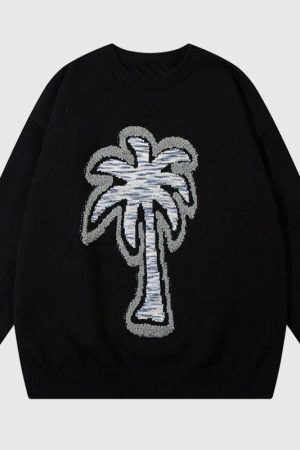 Style Core Aesthetics, New Style Trends Coconut Tree Pattern Embroidered Pullover