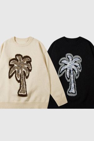 Style Core Aesthetics, New Style Trends Coconut Tree Pattern Embroidered Pullover