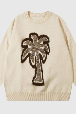 Style Core Aesthetics, New Style Trends Coconut Tree Pattern Embroidered Pullover