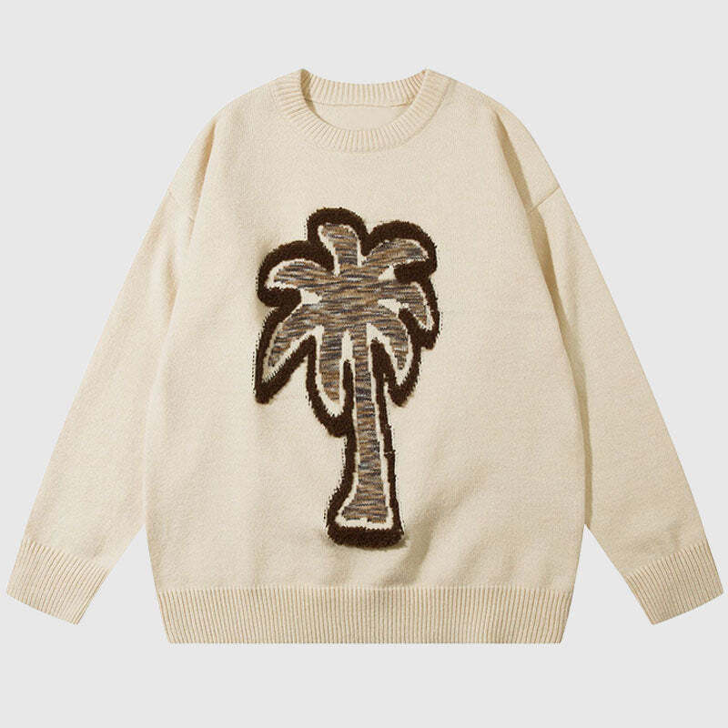 Style Core Aesthetics, New Style Trends Coconut Tree Pattern Embroidered Pullover