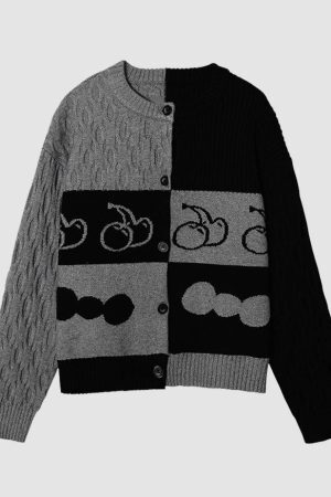 Style Core Aesthetics, New Style Trends Color Block Cherry Pattern Cardigan Sweater