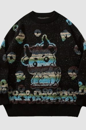 Style Core Aesthetics, New Style Trends Color-block Dragon Pattern Jacquard Pullover