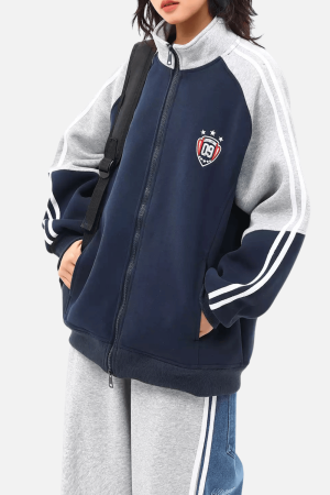 Style Core Aesthetics, New Style Trends Color-Block Embroidered Stand Collar Jacket