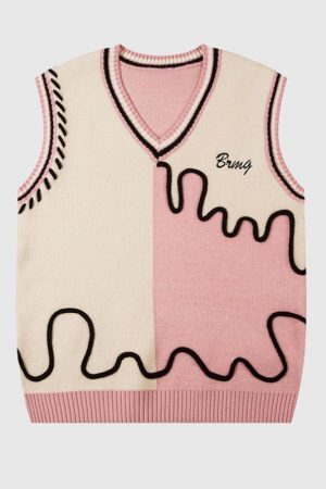 Style Core Aesthetics, New Style Trends Color Block Letter Loose V-Neck Vest