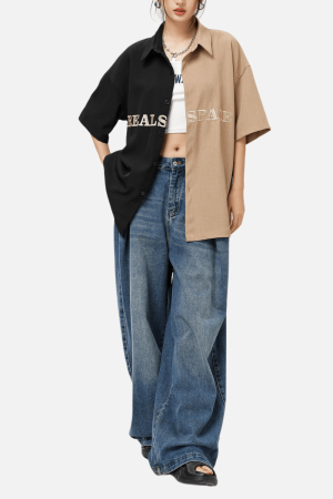 Style Core Aesthetics, New Style Trends Color Block Letter Print Shirt