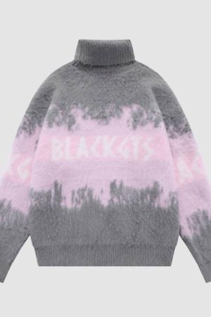 Style Core Aesthetics, New Style Trends Color Block Letters Print Turtleneck Sweater