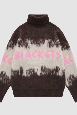 Style Core Aesthetics, New Style Trends Color Block Letters Print Turtleneck Sweater
