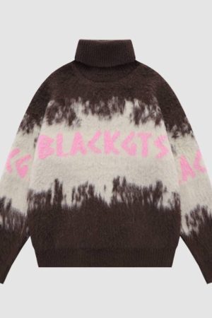 Style Core Aesthetics, New Style Trends Color Block Letters Print Turtleneck Sweater
