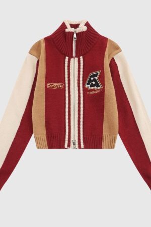 Style Core Aesthetics, New Style Trends Color-Blocked Embroidered Short Zip Neck Sweater