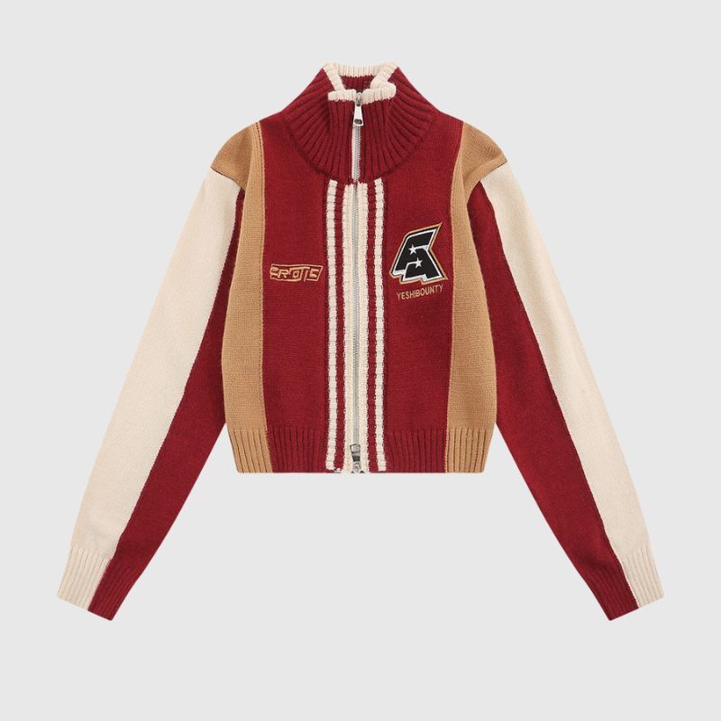 Style Core Aesthetics, New Style Trends Color-Blocked Embroidered Short Zip Neck Sweater