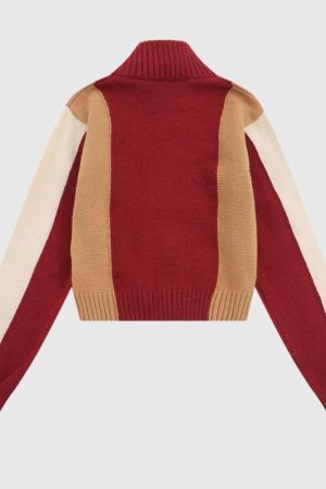 Style Core Aesthetics, New Style Trends Color-Blocked Embroidered Short Zip Neck Sweater