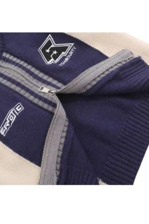 Style Core Aesthetics, New Style Trends Color-Blocked Embroidered Short Zip Neck Sweater