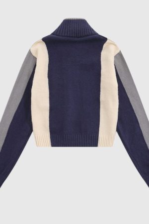 Style Core Aesthetics, New Style Trends Color-Blocked Embroidered Short Zip Neck Sweater