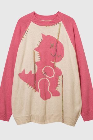 Style Core Aesthetics, New Style Trends Color Contrast Dinosaur Patchwork Design Knit Pullover