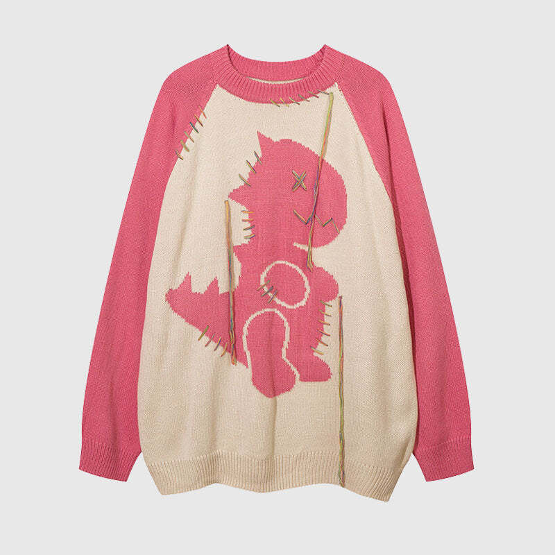 Style Core Aesthetics, New Style Trends Color Contrast Dinosaur Patchwork Design Knit Pullover Style Core Aesthetics, New Style Trends Color Contrast Dinosaur Patchwork Design Knit Pullover