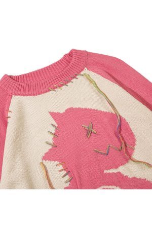 Style Core Aesthetics, New Style Trends Color Contrast Dinosaur Patchwork Design Knit Pullover