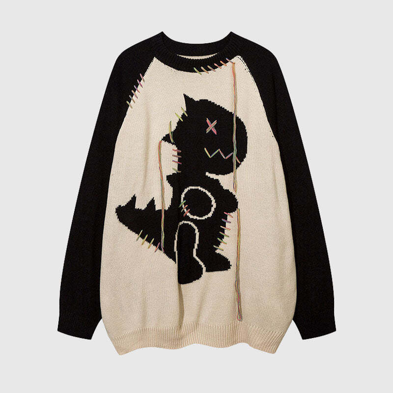 Style Core Aesthetics, New Style Trends Color Contrast Dinosaur Patchwork Design Knit Pullover