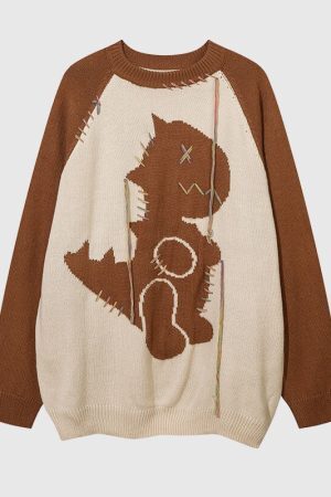 Style Core Aesthetics, New Style Trends Color Contrast Dinosaur Patchwork Design Knit Pullover