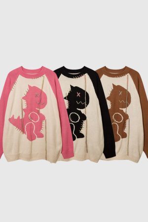 Style Core Aesthetics, New Style Trends Color Contrast Dinosaur Patchwork Design Knit Pullover