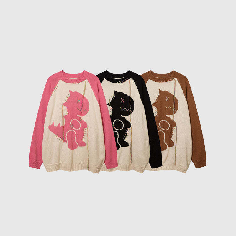 Style Core Aesthetics, New Style Trends Color Contrast Dinosaur Patchwork Design Knit Pullover Style Core Aesthetics, New Style Trends Color Contrast Dinosaur Patchwork Design Knit Pullover