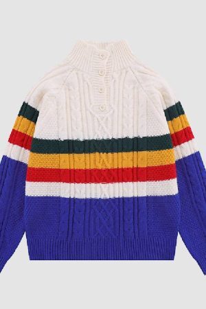 Style Core Aesthetics, New Style Trends Color Striped Half Button Closure Sweater