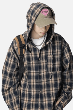 Style Core Aesthetics, New Style Trends Colorblock Plaid Hooded Shirt