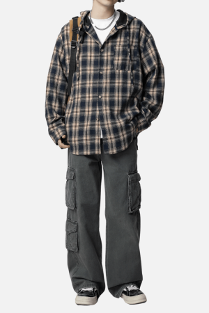 Style Core Aesthetics, New Style Trends Colorblock Plaid Hooded Shirt